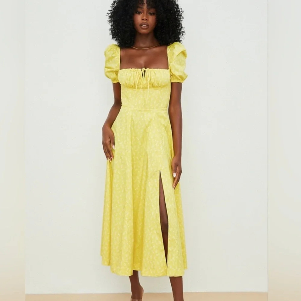 House of CB TALLULAH YELLOW FLORAL PUFF SLEEVE MIDI DRESS Size L